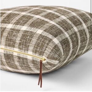 Threshold Plaid Accent Pillow in Taupe and Cream with Leather Zip Pull